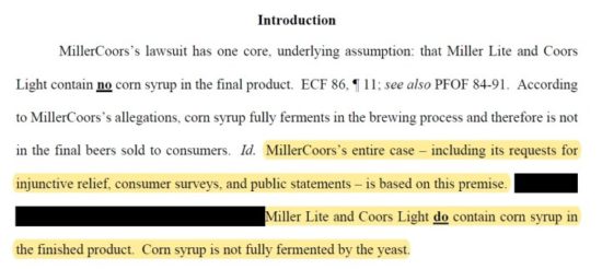 MillerCoors-v-Anheuser-MSJ-Brief-alleging-Coors-Light-and-Miller-Lite-contain-corn-syrup-in-finished-product.jpg