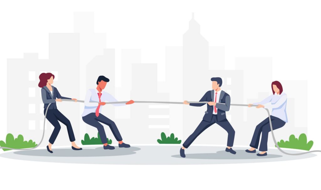 Vector illustration teamwork business concept. Group of employees play tug of war, Vector illustration in a flat style. Lawyers conflict