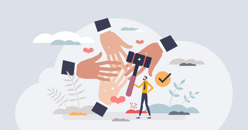 Pro bono work with public good social and free services tiny person concept. Lawyer help for community protection and defense in court vector illustration. Assistance and consulting for compensations.